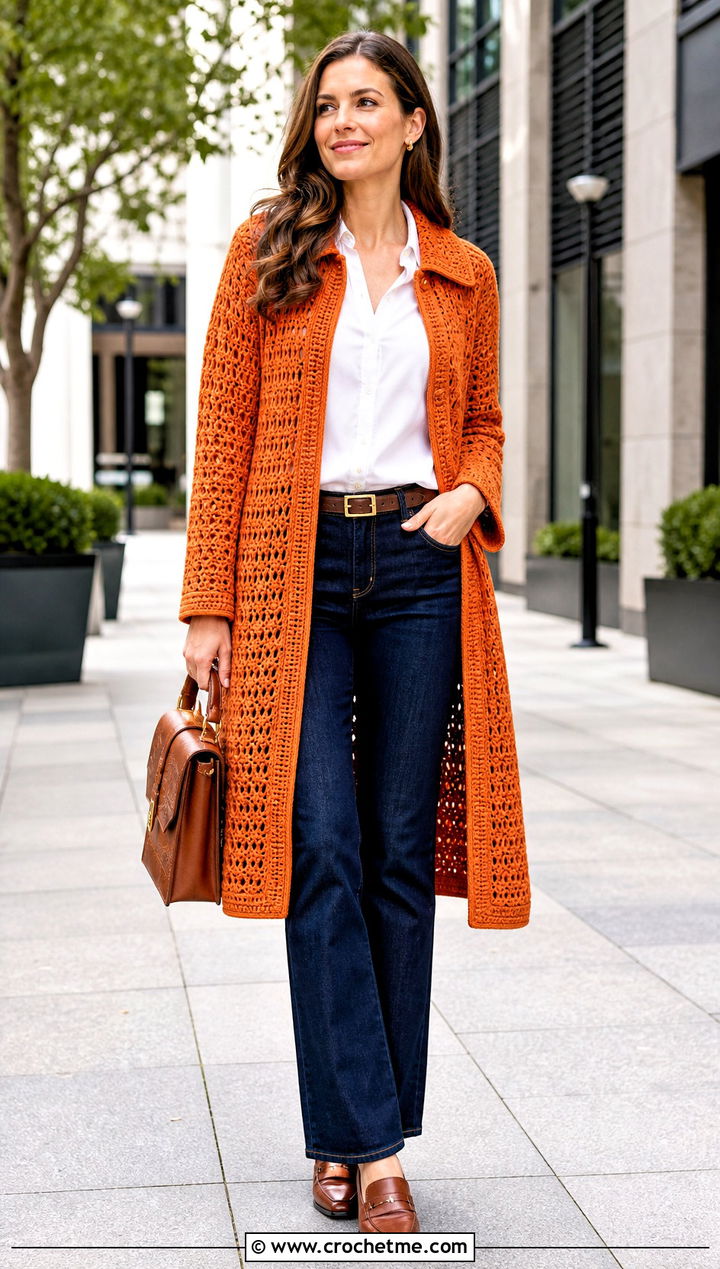 Collared Crochet Sweater Coat With A Button Down Shirt And Jeans - 20 Crochet Sweater Coat outfit ideas