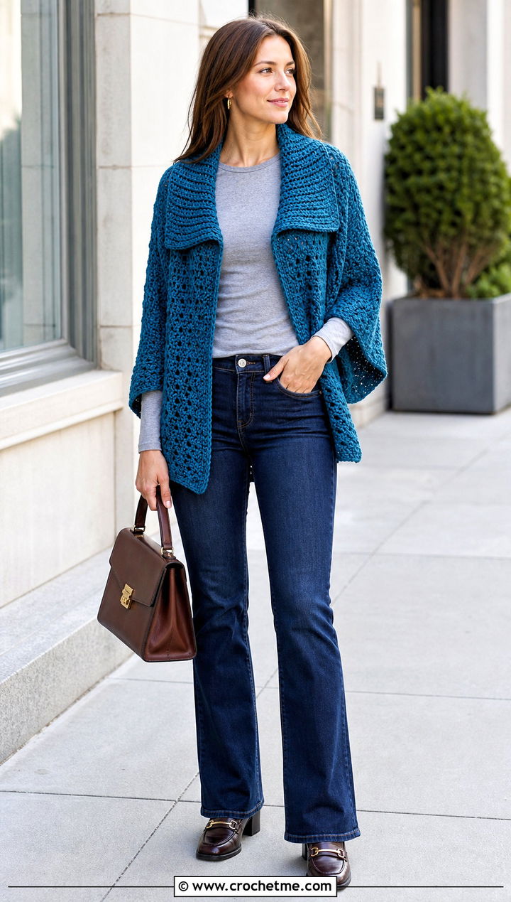 Collared Crochet Sweater Shawl With Dark Wash Jeans - 25 crochet sweater shawl outfit ideas