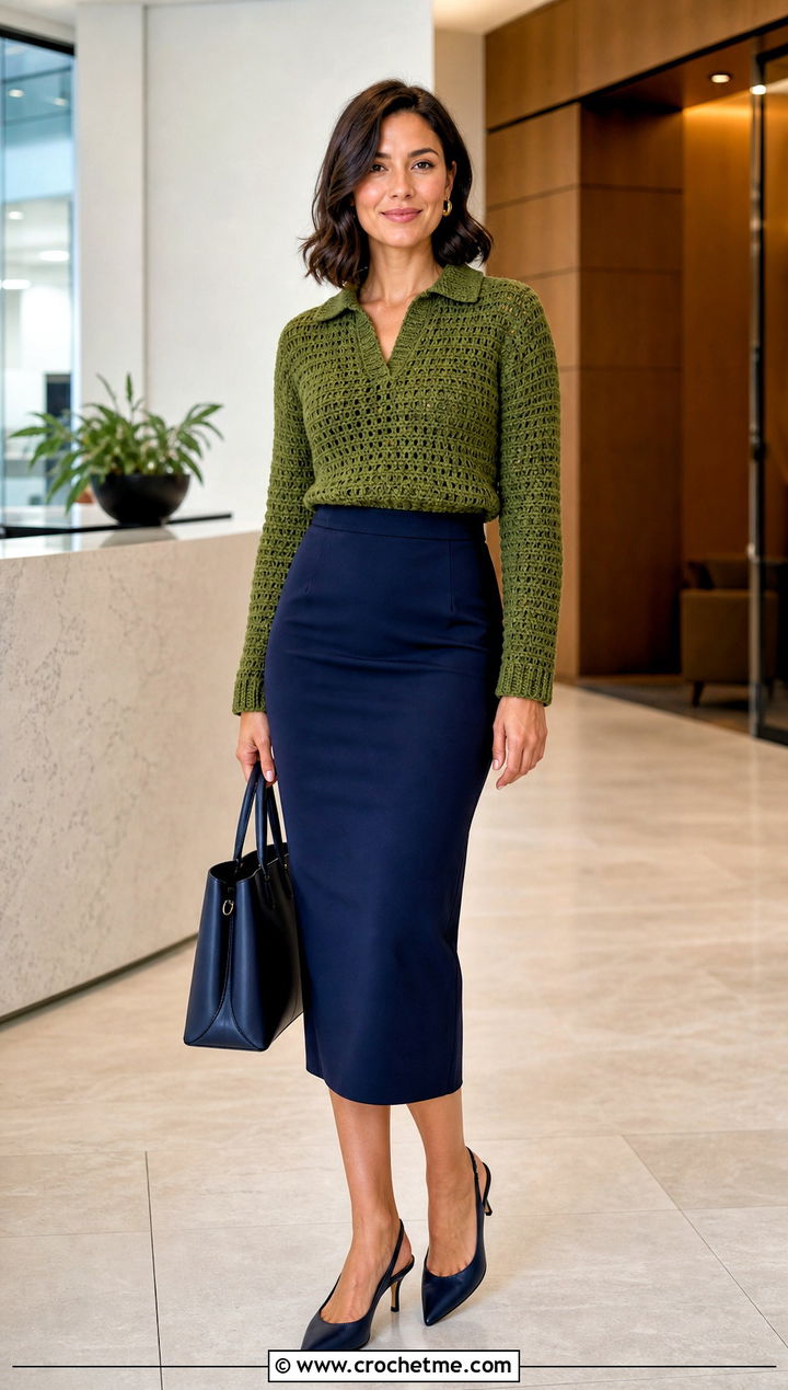 Collared Crochet Sweater With A Pencil Skirt - 30 crochet key sweater outfit ideas
