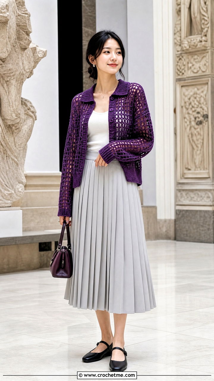 Collared Crochet Sweater With A Pleated Midi Skirt - 35 crochet loose sweater outfit ideas