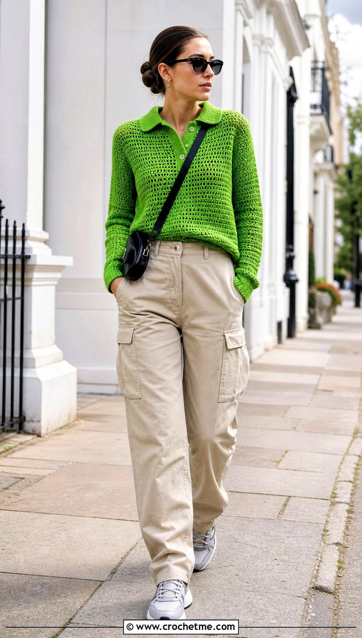 Collared Crochet Sweater With Cargo Pants - 15 Crochet Womens Sweaters outfit ideas