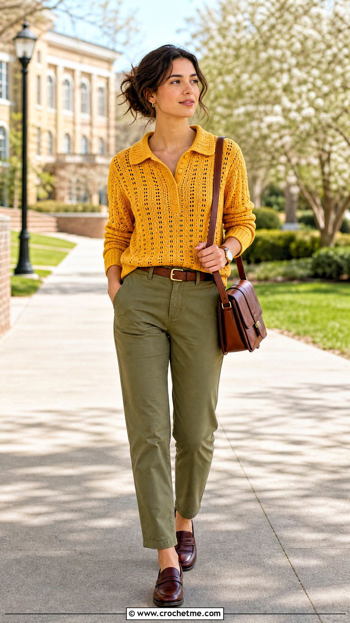 Collared Crochet Sweater With Chinos - 35 crochet sweater ideas