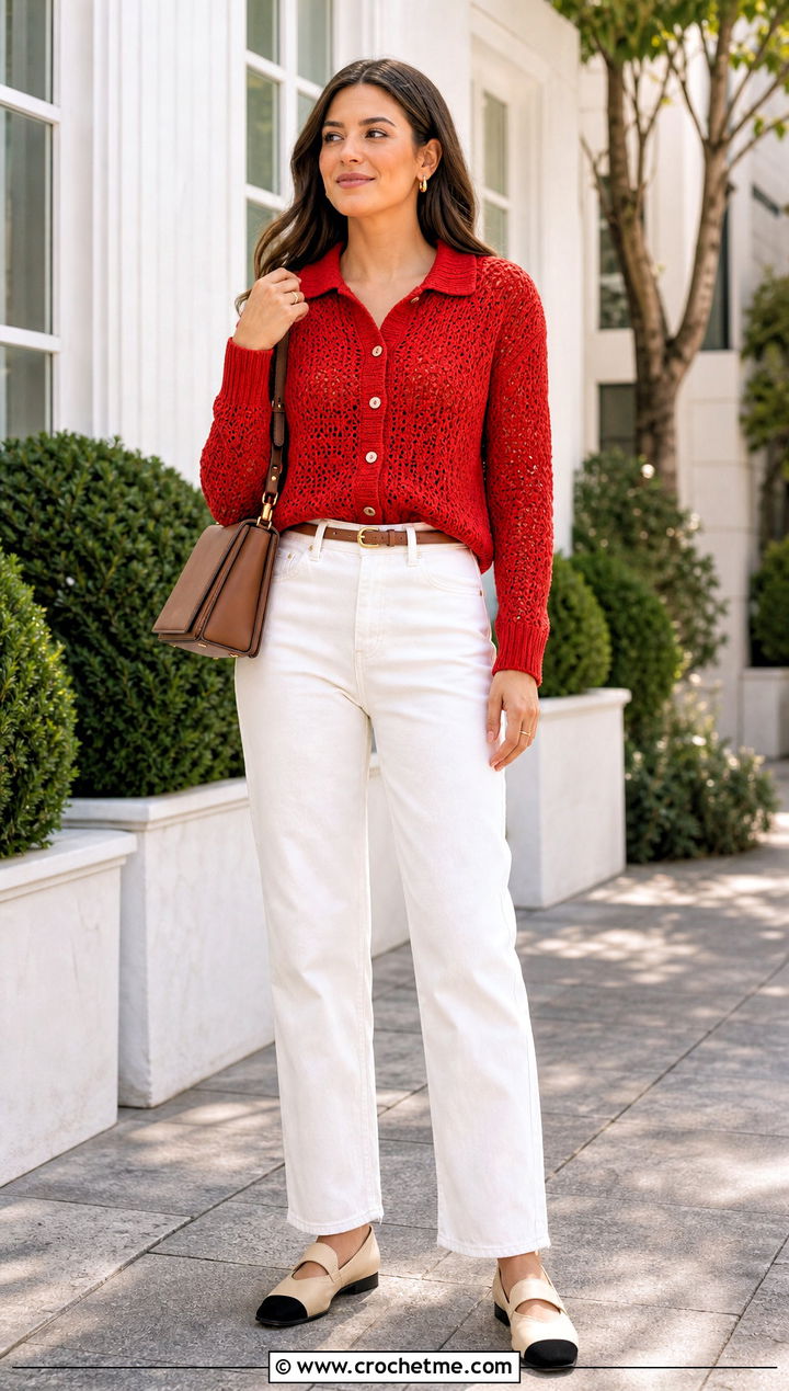 Collared Crochet Sweater With White Jeans - 15 Anthropologie Crochet Sweater outfit ideas