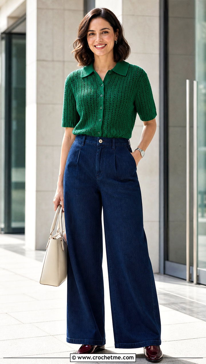 Collared Crochet Thread Blouse With Denim Trousers - 35 crochet thread top outfit ideas