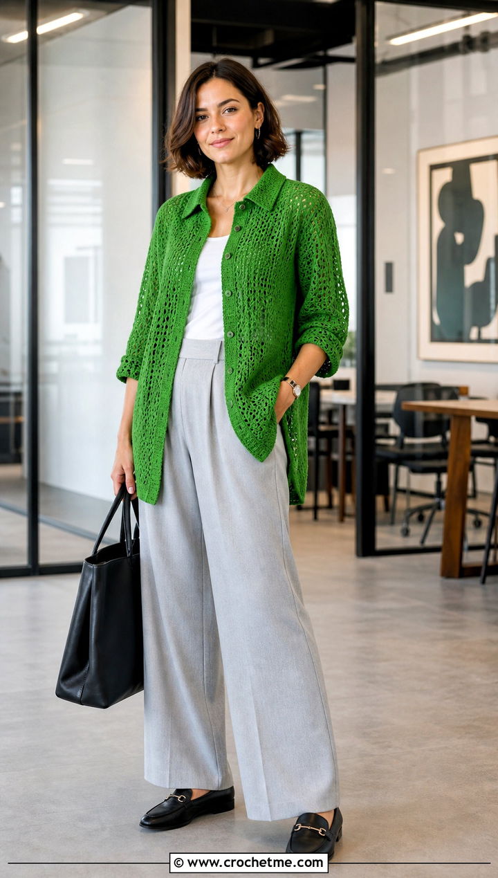 Collared Crochet Tunic With Wide Leg Pants - 15 crochet tunic ideas