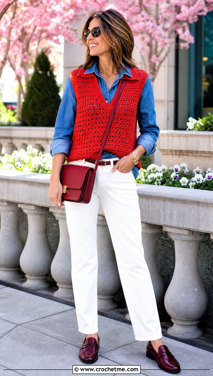 Collared Crochet V Neck Vest With A Denim Shirt And White Jeans - 30 crochet v neck vest outfit ideas