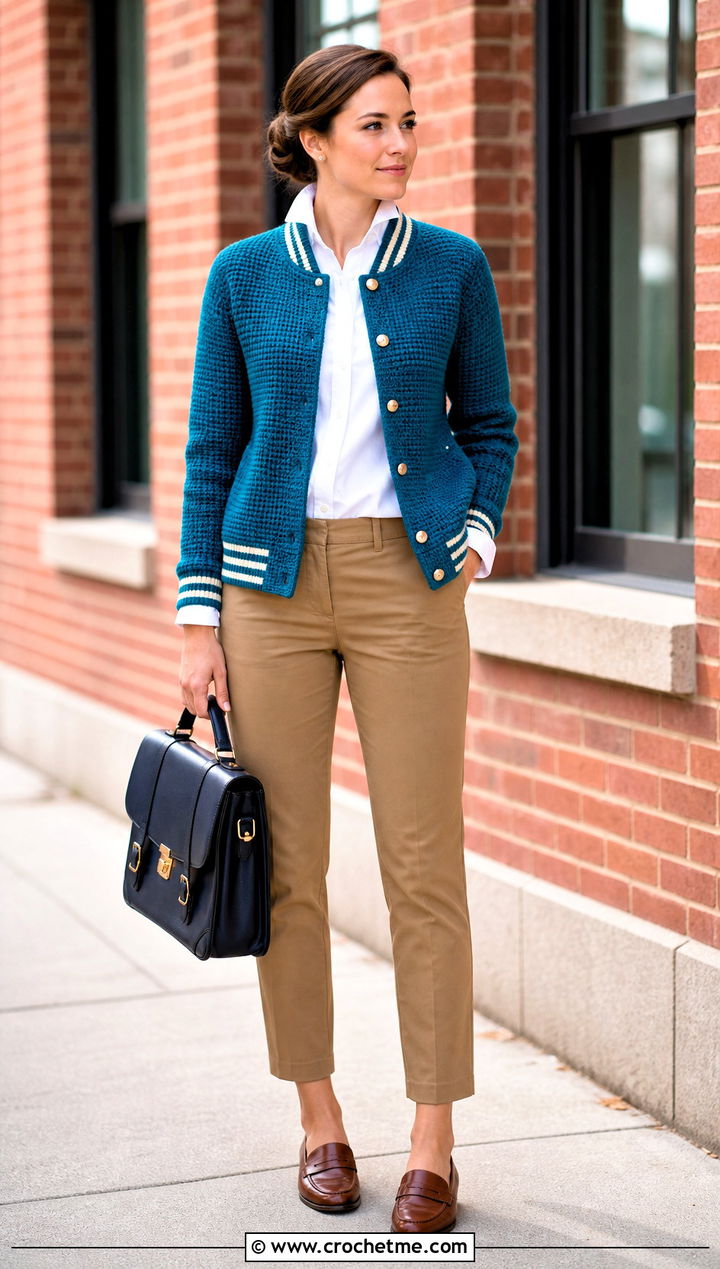 Collared Crochet Varsity Jacket With Oxford Shirt And Chinos - 35 crochet varsity jacket outfit ideas