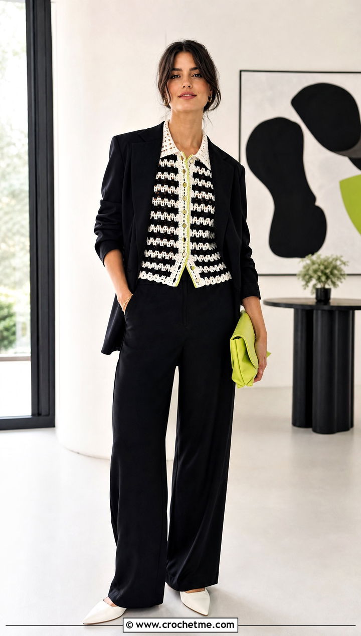 Collared Crochet Vest With Relaxed Suit - 30 black and white crochet vest outfit ideas