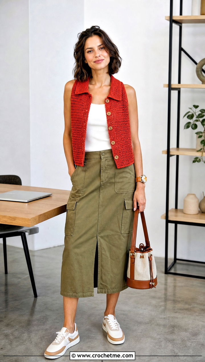 Collared Crochet Vest With Utility Skirt - 35 crochet vest outfits for women outfit ideas