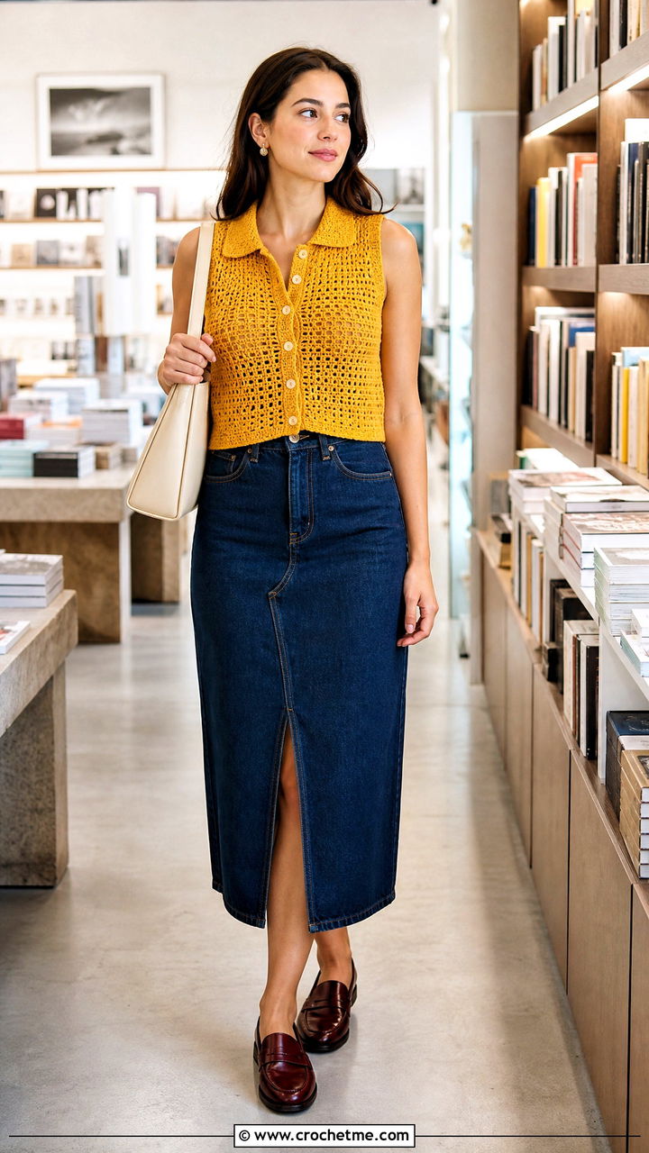 Collared Crochet Vest With a Denim Midi Skirt - 35 boho crochet vest outfit ideas