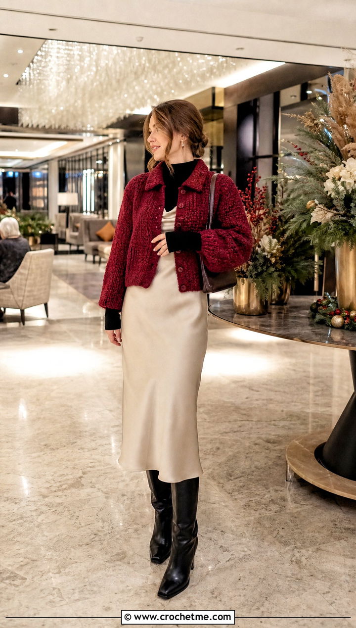 Collared Crochet Winter Cardigan With A Slip Dress - 25 crochet winter cardigan outfit ideas