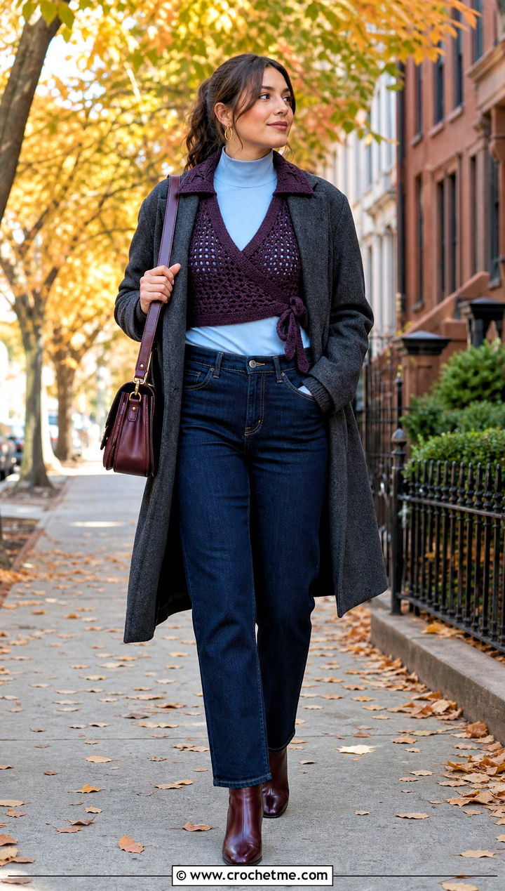Collared Crochet Wrap Crop Top With Layered Fall Outfit - 15 crochet wrap crop top outfit ideas