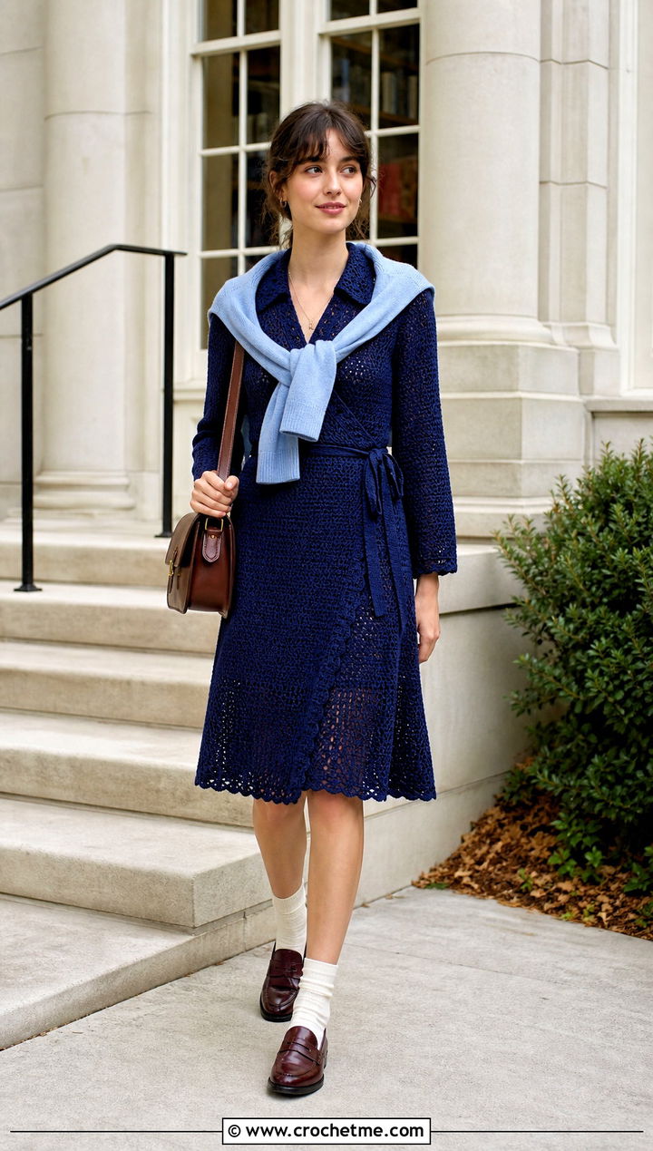 Collared Crochet Wrap Dress With Loafers - 35 crochet wrap dress outfit ideas