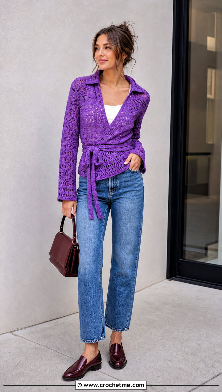 Collared Crochet Wrap Shirt With Straight Leg Jeans - 30 crochet wrap shirt outfit ideas