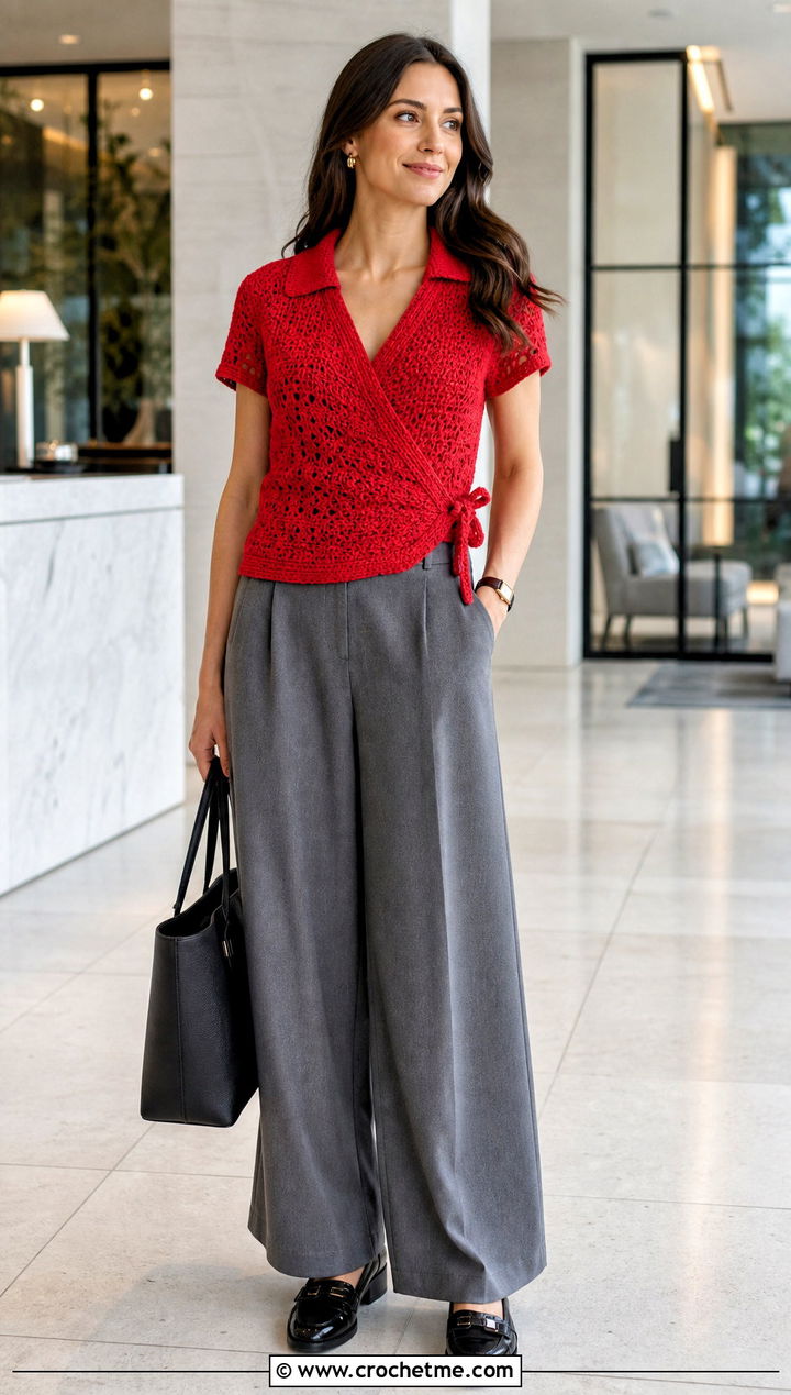 Collared Crochet Wrap Top With Tailored Trousers - 30 crochet wrap around top outfit ideas