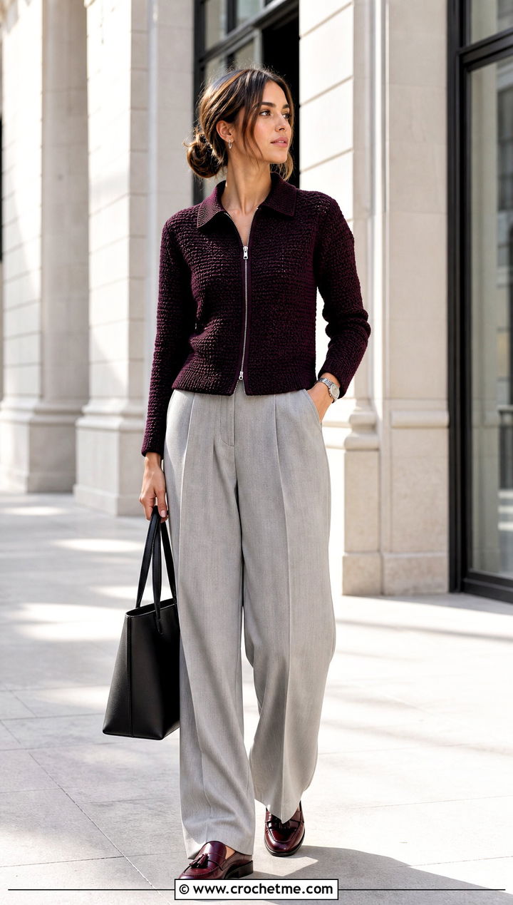 Collared Crochet Zip Jacket With Pleated Pants - 25 crochet jacket with zipper outfit ideas
