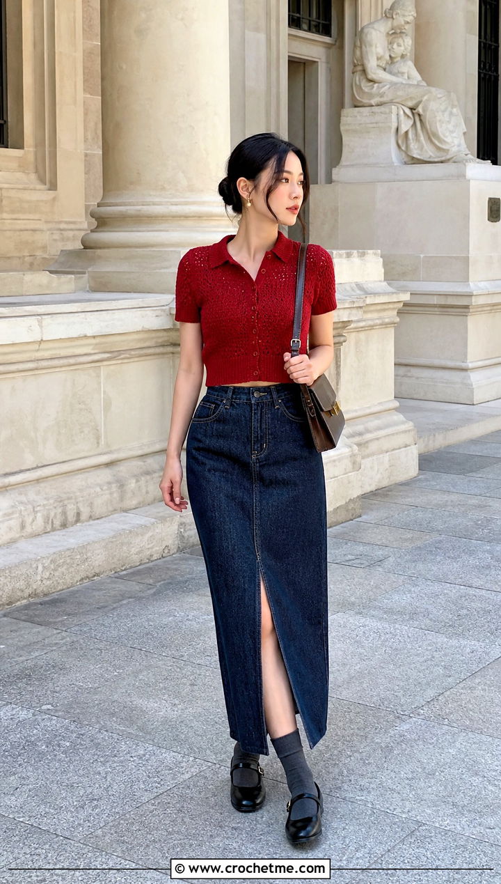Collared Cropped Cardigan With Dark Denim Maxi Skirt - 25 crocheted cropped cardigan outfit ideas