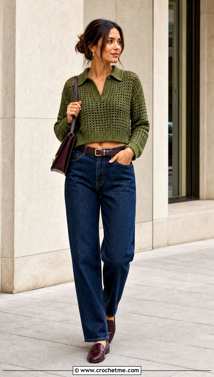 Collared Cropped Crochet Sweater With Straight Leg Jeans - 30 crocheted cropped sweater outfit ideas