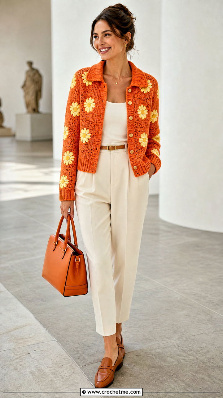 Collared Daisy Cardigan With Pleated Pants - 35 Crochet Daisy Cardigan outfit ideas