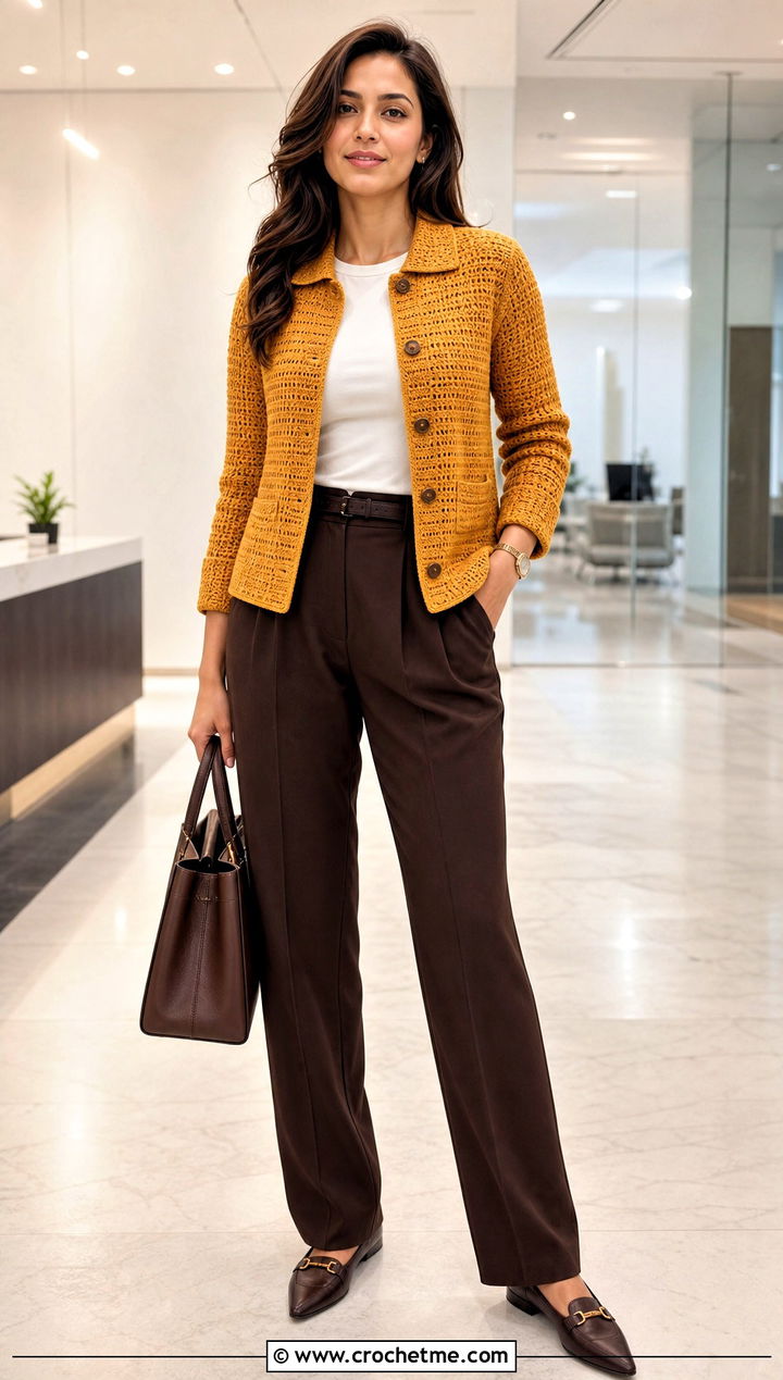 Collared Double Crochet Cardigan With Pleated Trousers - 25 Double Crochet Cardigan outfit ideas