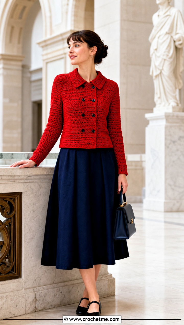 Collared Double Crochet Sweater With A Line Skirt - 35 double crochet sweater outfit ideas