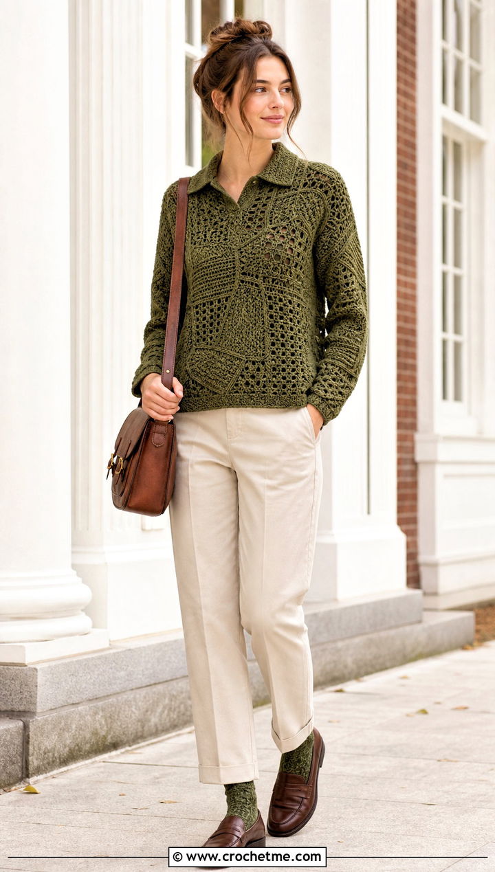 Collared Freeform Crochet Sweater With Chinos - 30 freeform crochet sweater outfit ideas