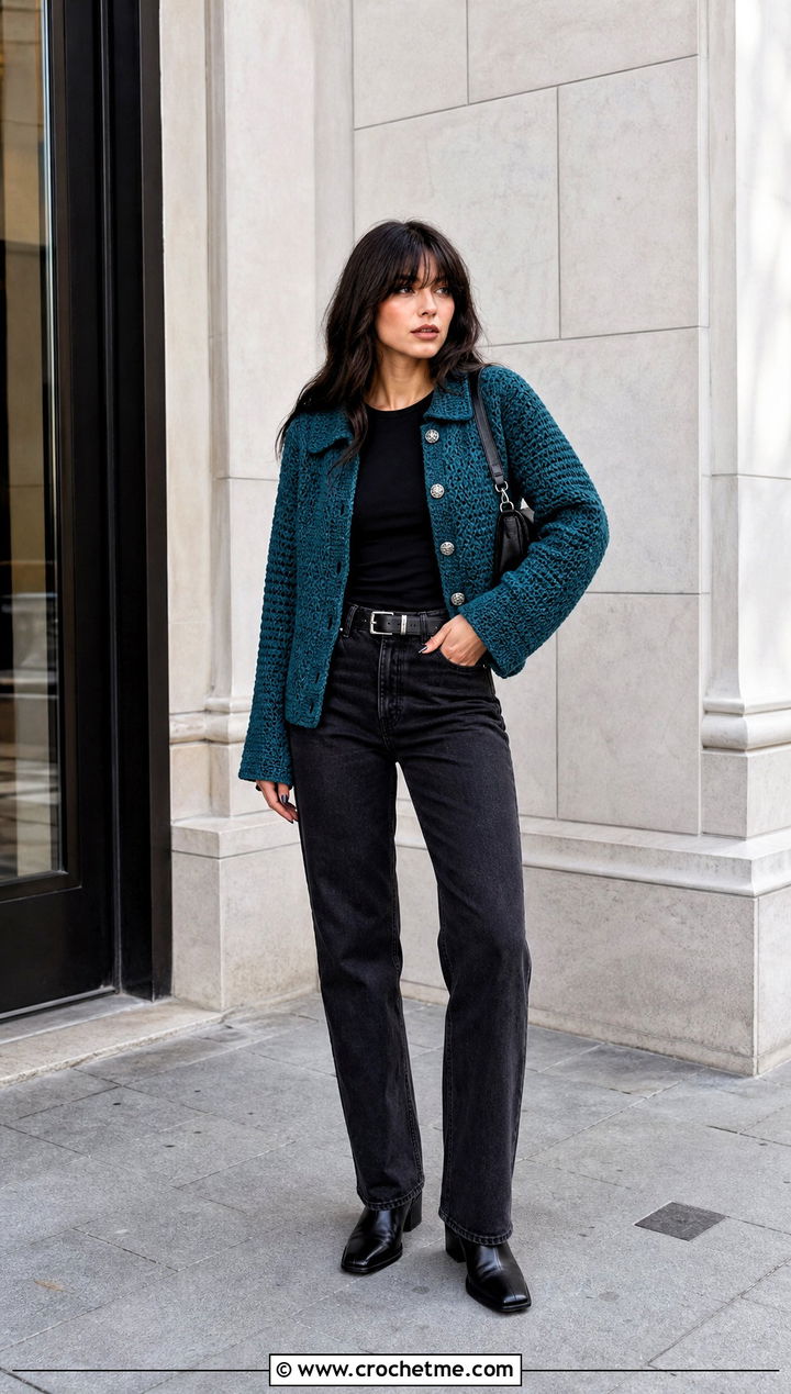 Collared Goth Crochet Cardigan With Straight Leg Jeans - 15 goth crochet cardigan outfit ideas