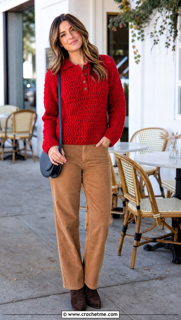 Collared Grandpa Crochet Sweater With Corduroy Pants - 15 Grandpa Crochet Sweater outfit ideas