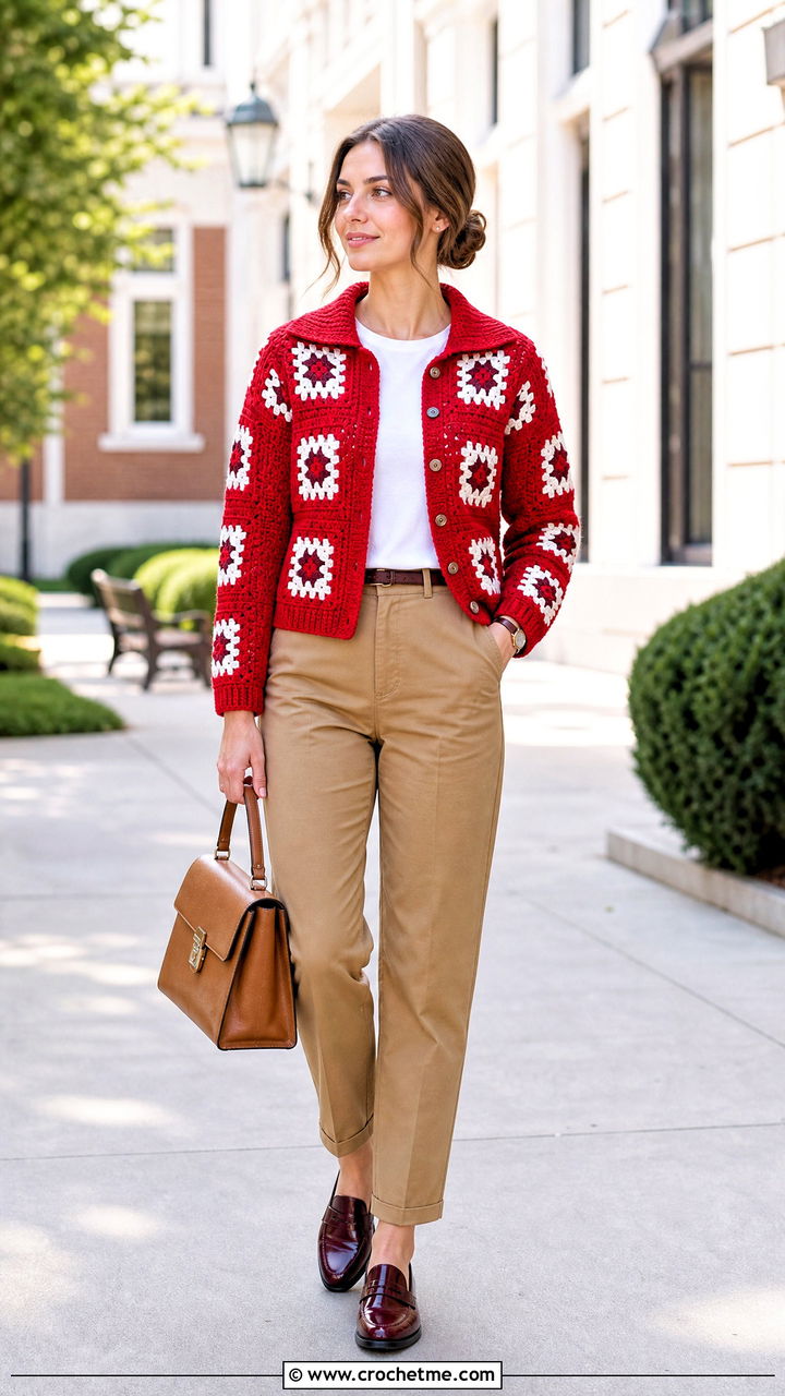 Collared Granny Cardigan With Chino Pants - 35 crochet granny cardigan outfit ideas