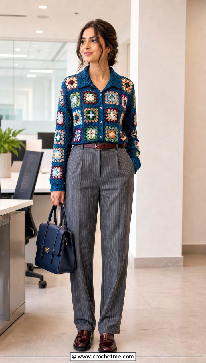 Collared Granny Square Blouse With Striped Trousers - 35 Granny Square Blouse outfit ideas