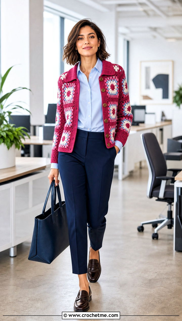 Collared Granny Square Cardigan With Button Down Shirt - 30 crochet granny squares cardigan outfit ideas