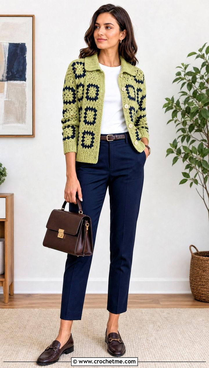 Collared Granny Square Cardigan With Chinos And Loafers - 20 boho granny square cardigan outfit ideas