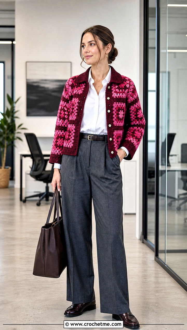 Collared Granny Square Cardigan With Office Trousers - 20 Crochet Fall Granny Square Cardigan outfit ideas