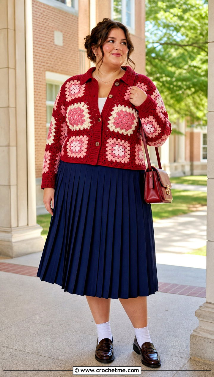 Collared Granny Square Cardigan With Pleated Midi Skirt - 30 plus size crochet granny square cardigan outfit ideas