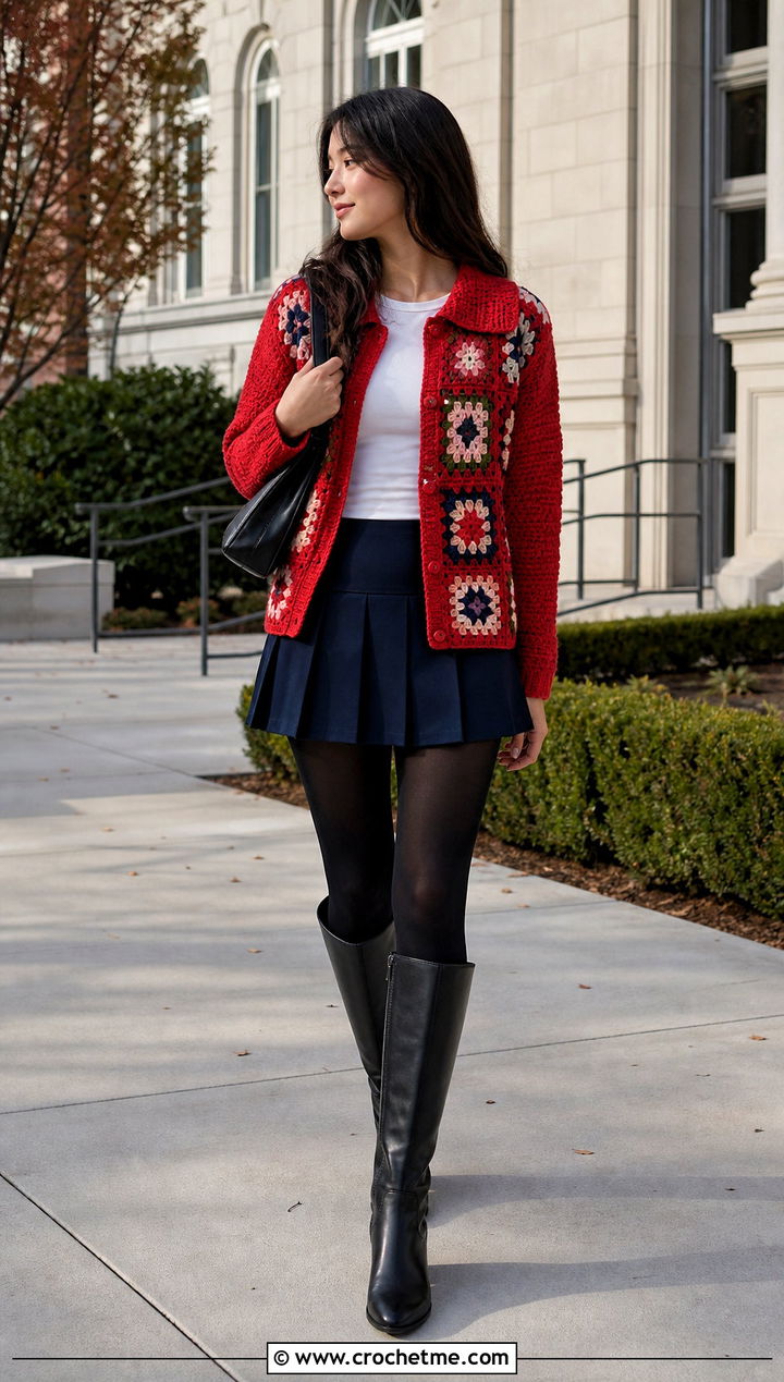 Collared Granny Square Cardigan With Pleated Mini Skirt - 20 Grant Square Crochet Cardigan outfit ideas