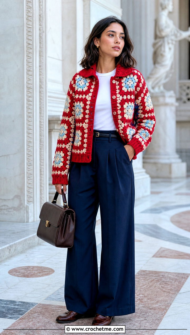 Collared Granny Square Cardigan With Pleated Trousers - 15 Never Off Granny Square Cardigan outfit ideas