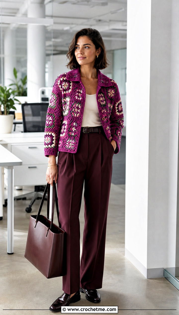 Collared Granny Square Cardigan With Pleated Trousers - 15 Womens Granny Square Cardigan outfit ideas