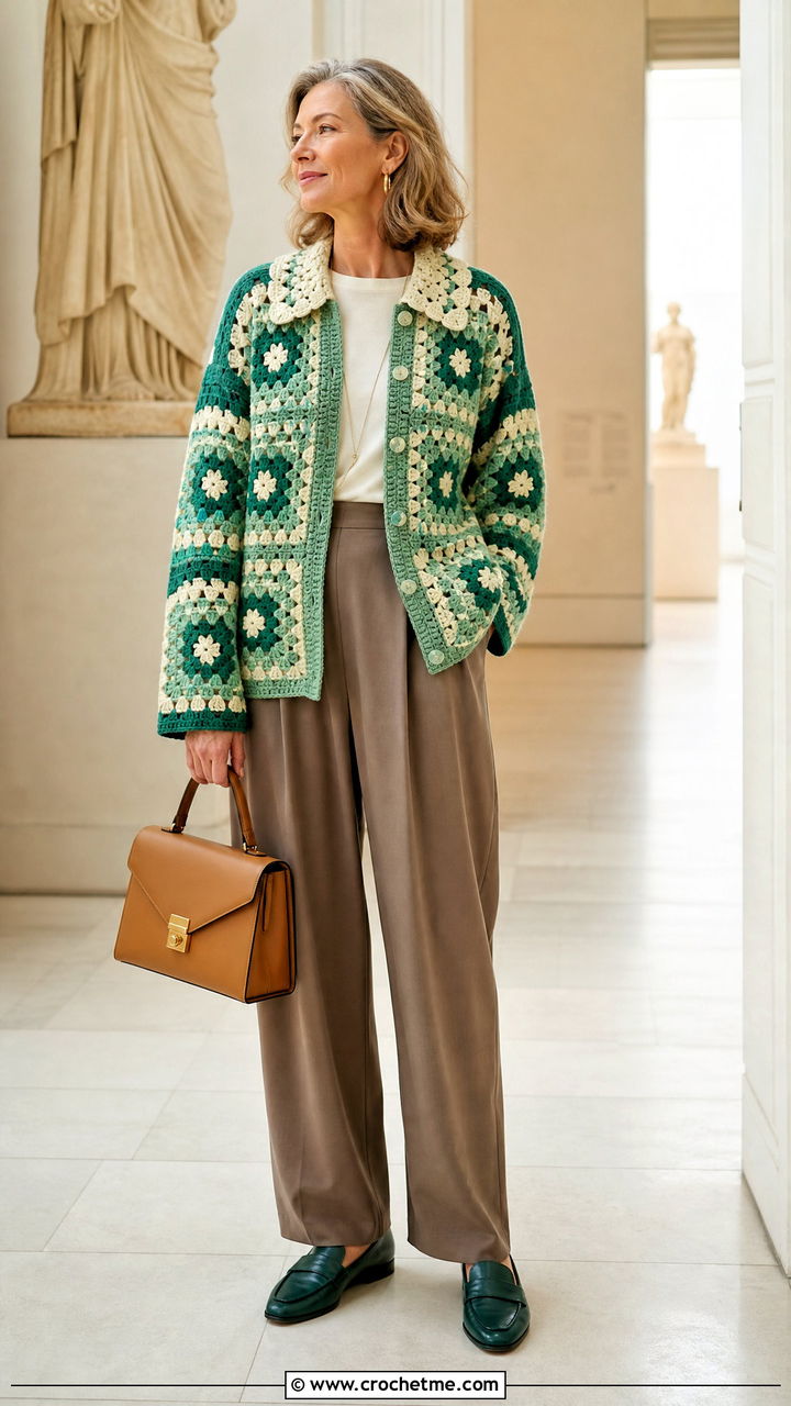 Collared Granny Square Cardigan With Pleated Trousers - 35 crochet granny square cardigan outfit ideas