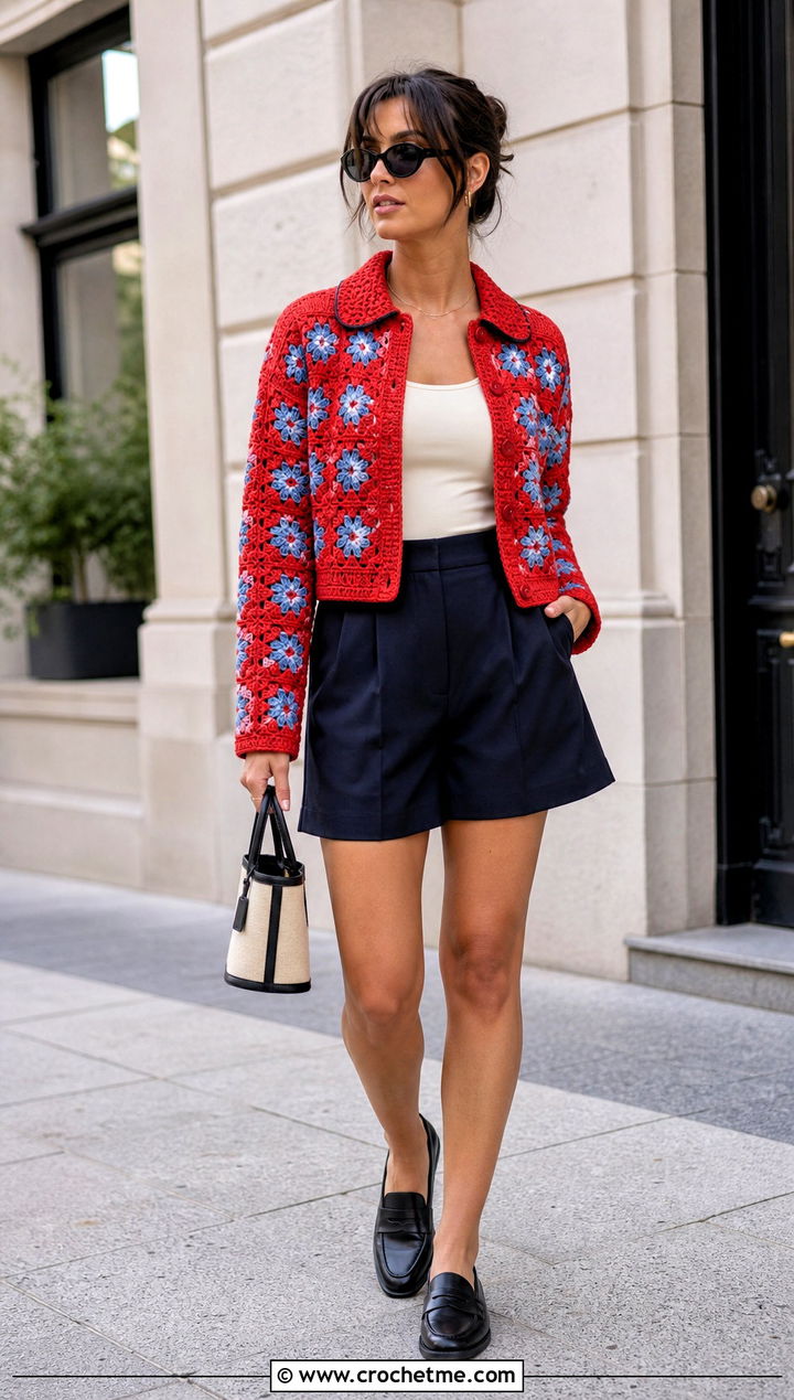 Collared Granny Square Cardigan With Tailored Shorts - 30 cardigan with granny square outfit ideas
