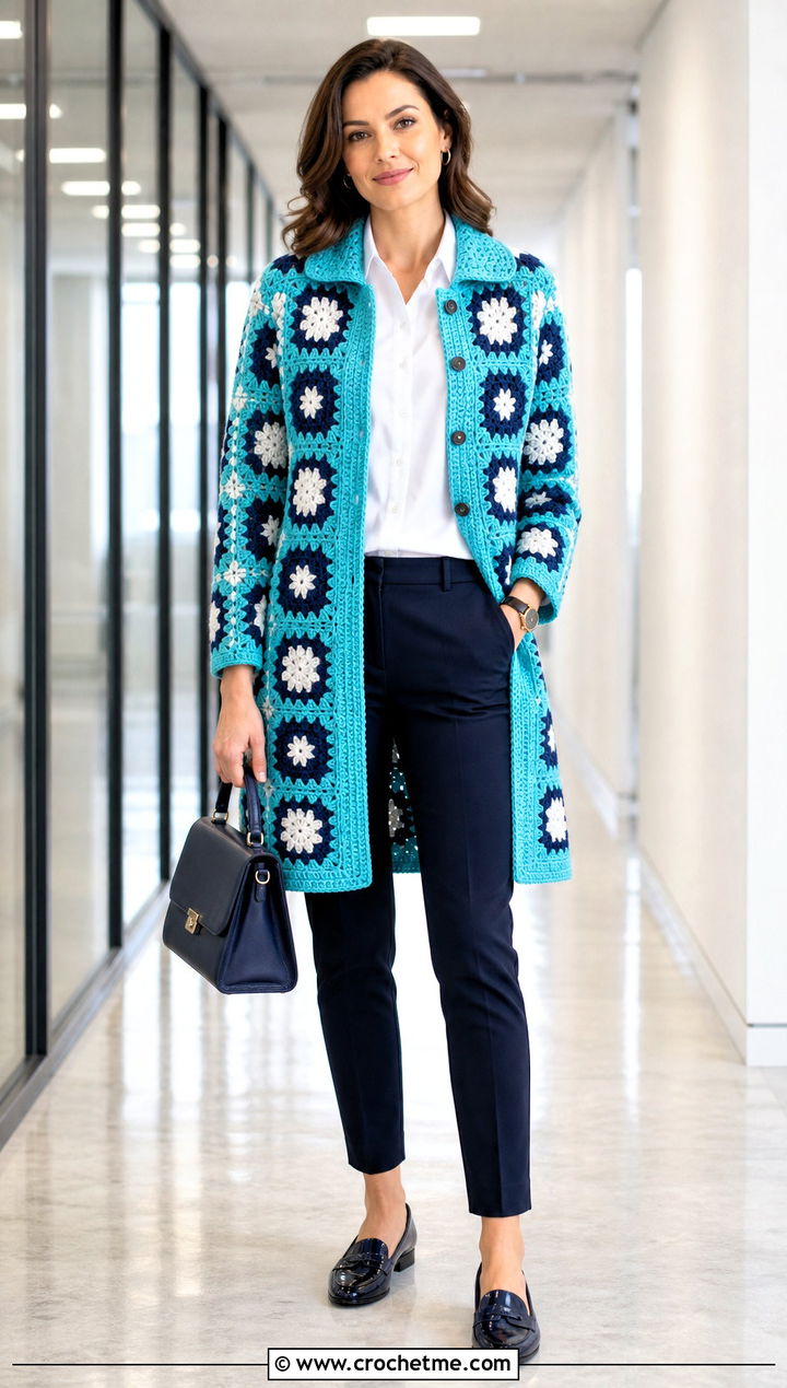 Collared Granny Square Coat With Button Down Shirt - 30 crochet granny square coat outfit ideas