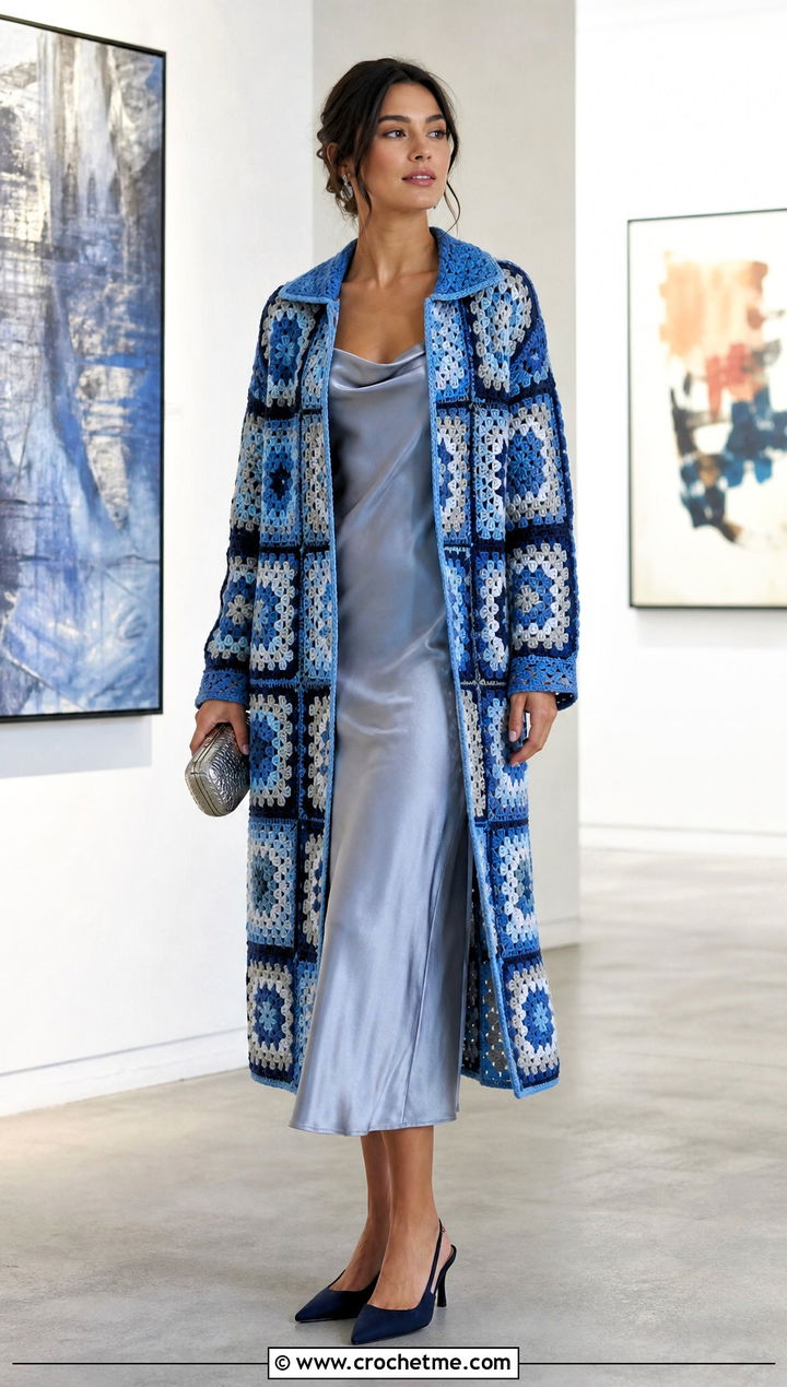 Collared Granny Square Coat With Slip Dress - 30 granny square coat outfit ideas
