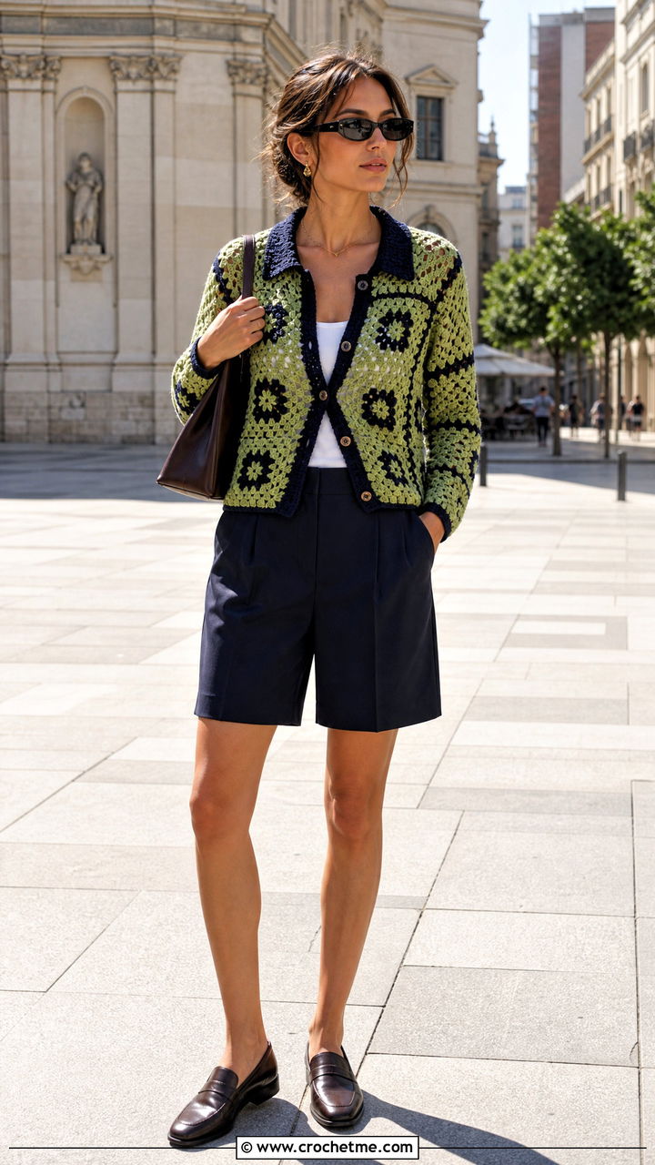Collared Granny Square Crochet Cardigan With Bermuda Shorts - 35 granny square crochet cardigan outfit ideas