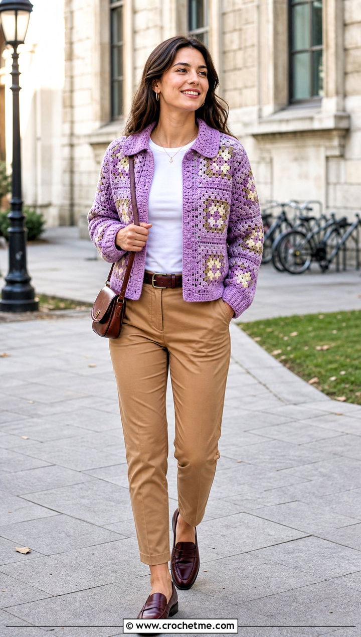 Collared Granny Square Crochet Cardigan With Chino Pants - 25 Crochet Cardigan From Square outfit ideas