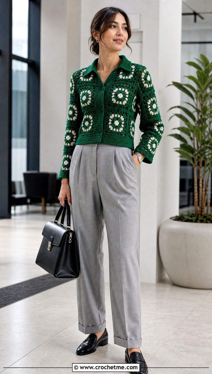 Collared Granny Square Crochet Long Sleeve Top With Pleated Pants - 25 Granny Square Crochet Long Sleeve Top outfit ideas
