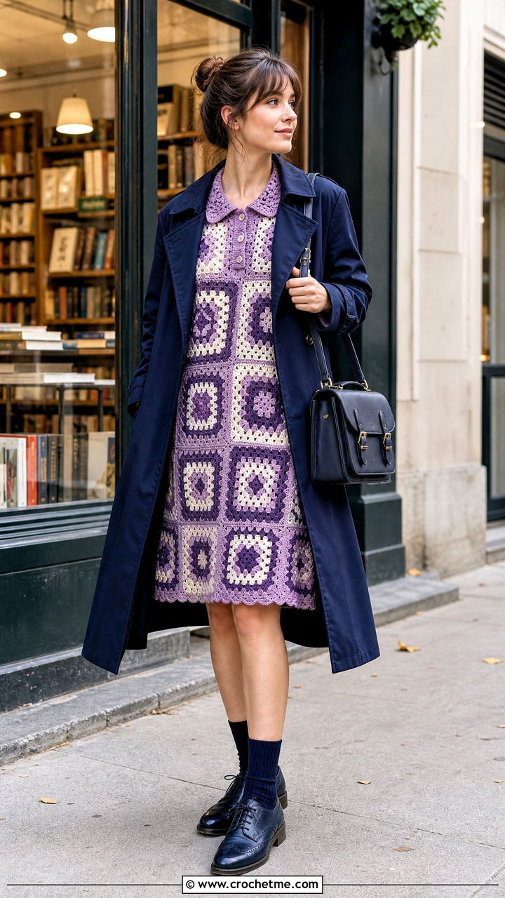 Collared Granny Square Dress With Trench Coat And Oxfords - 35 granny square dress outfit ideas