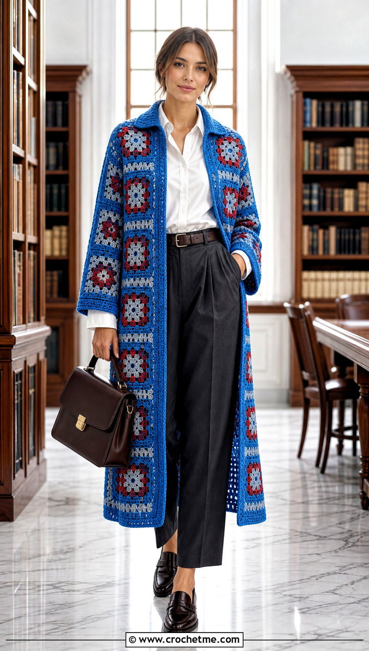 Collared Granny Square Duster With Button Down Shirt - 35 granny square duster outfit ideas