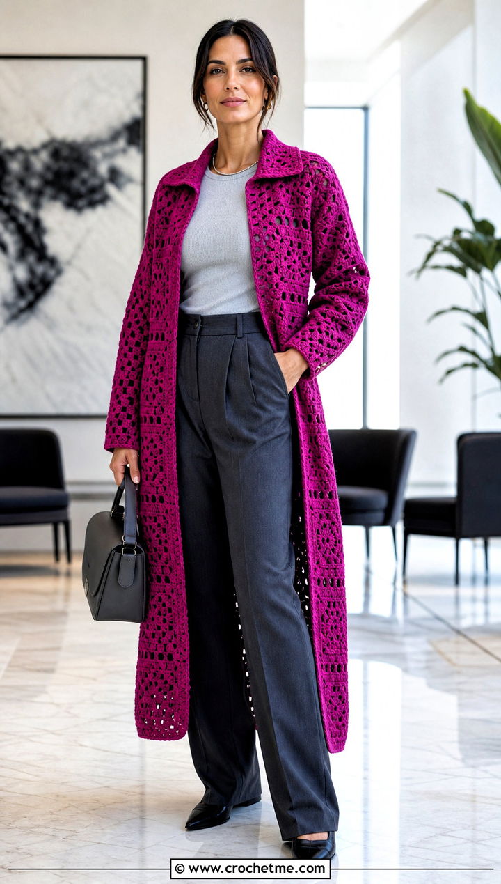 Collared Granny Square Duster With Pleated Trousers - 25 Crochet Granny Square Duster outfit ideas