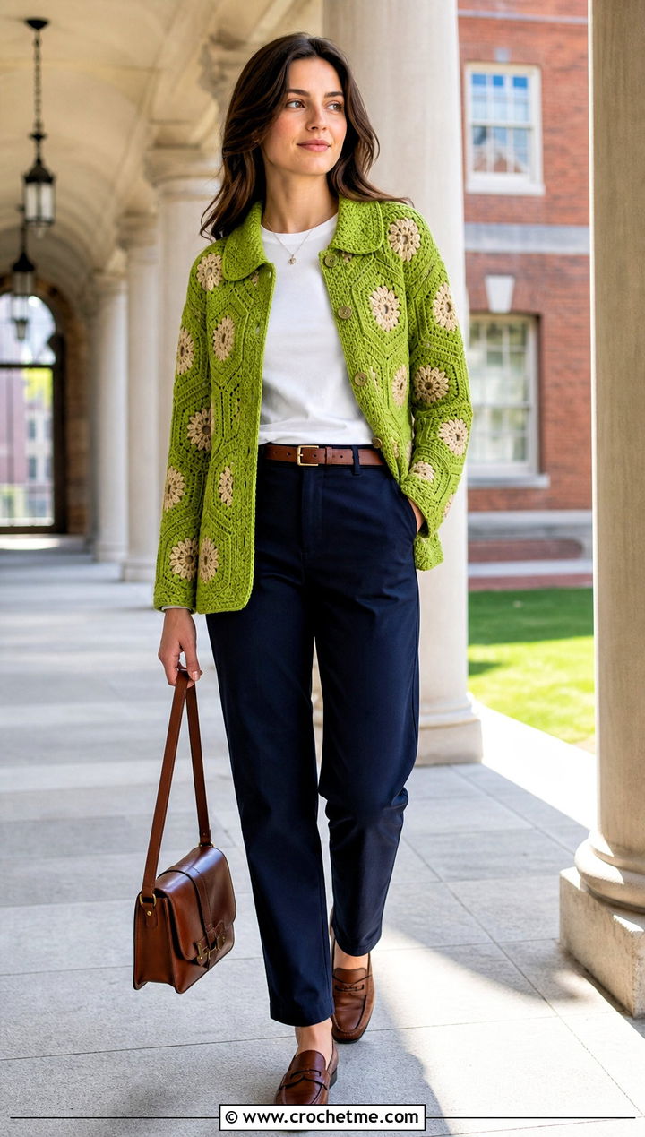 Collared Granny Square Hexagon Cardigan With Chinos - 35 granny square hexagon cardigan outfit ideas