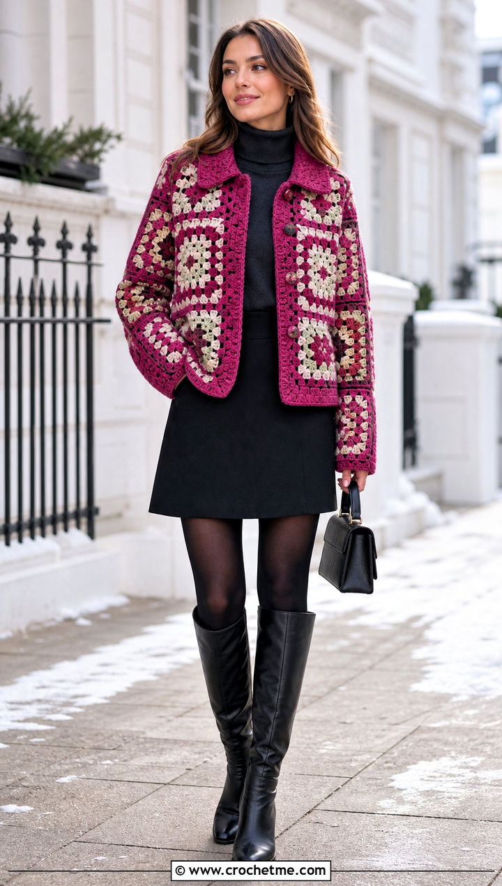 Collared Granny Square Jacket With Mini Skirt And Tights - 25 granny crochet sweater outfit ideas
