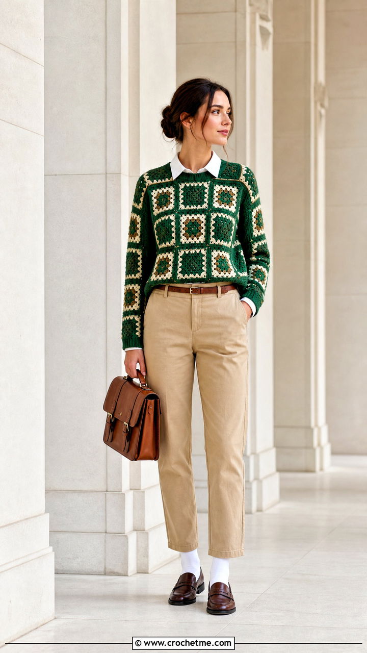 Collared Granny Square Jumper With Chinos And Loafers - 35 crochet granny square jumper outfit ideas